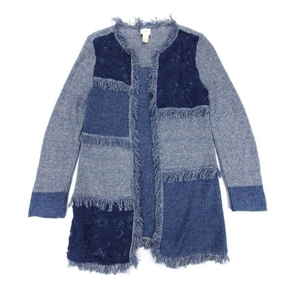 CHICOS Silk Patchwork Fringe Long Western Boho Blocked Lace Denalia Cardigan - Picture 1 of 8